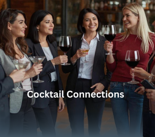 Ladies networking and drinking beverages.